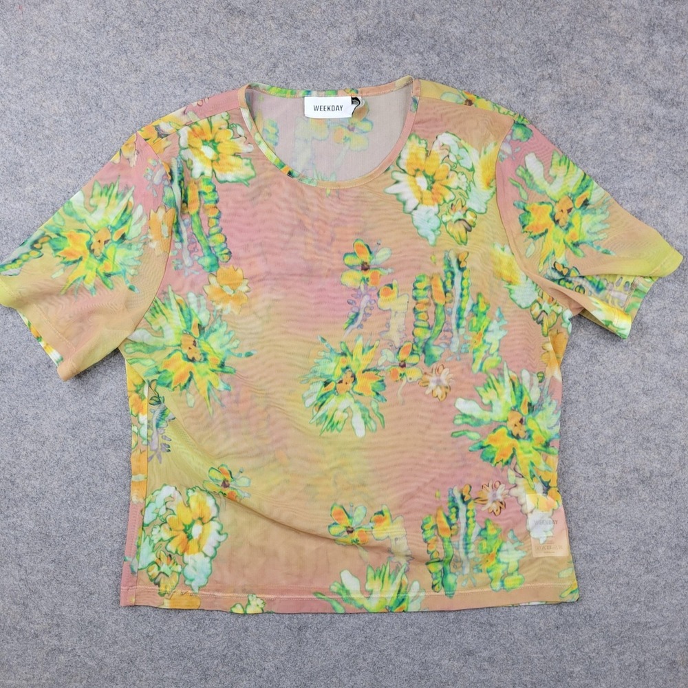 Weekday Shirt Womens Large Multicolor Blur Printed Mesh Floral Sheer Stretch Tee